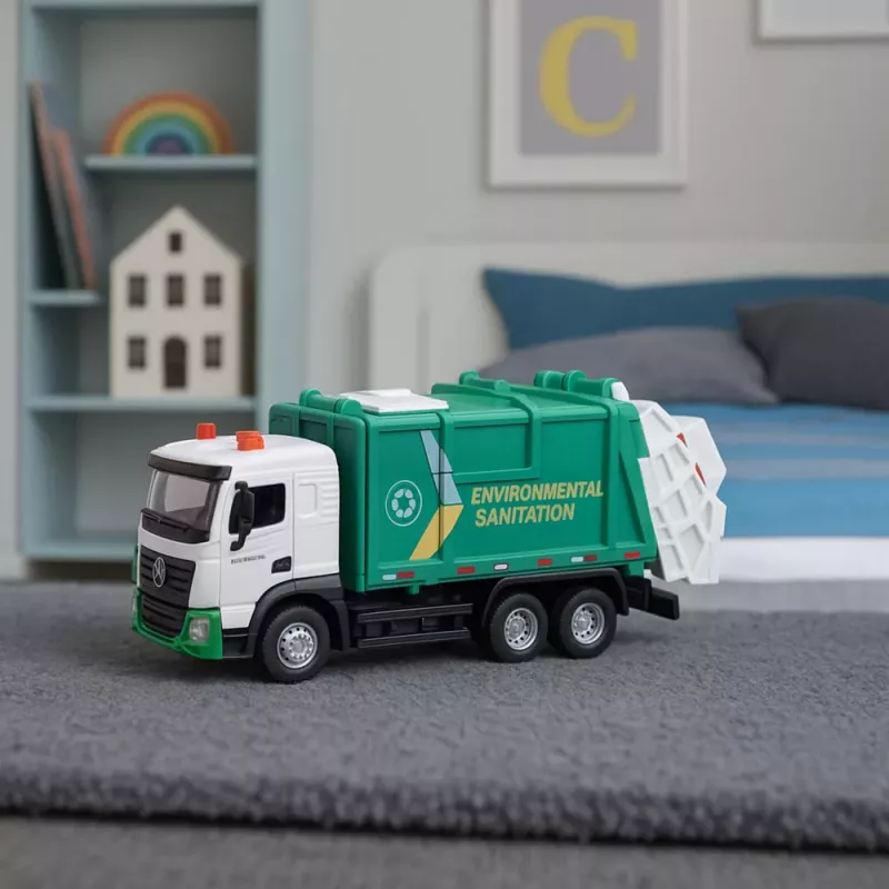 LEAN TOYS Garbage Truck For Kids Metal Cabin Bin Lights Sounds Green