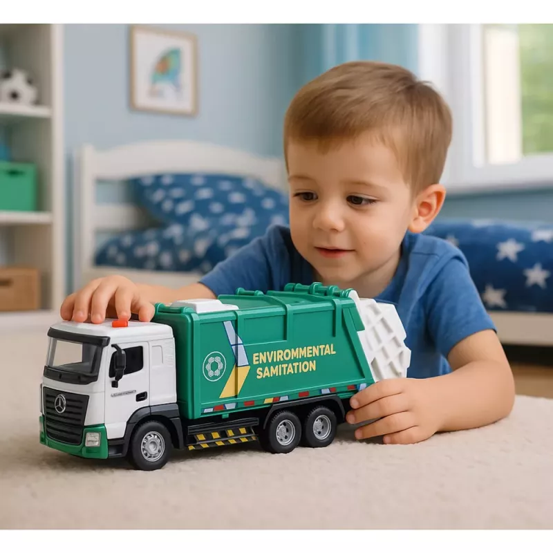 LEAN TOYS Garbage Truck For Kids Metal Cabin Bin Lights Sounds Green