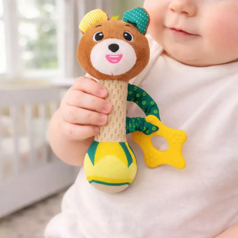 LEAN TOYS Plush Teddy Bear Rattle with Teether and Squeaker for Babies