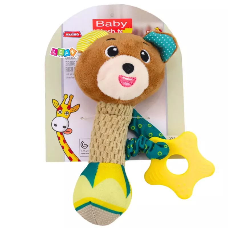 LEAN TOYS Plush Teddy Bear Rattle with Teether and Squeaker for Babies
