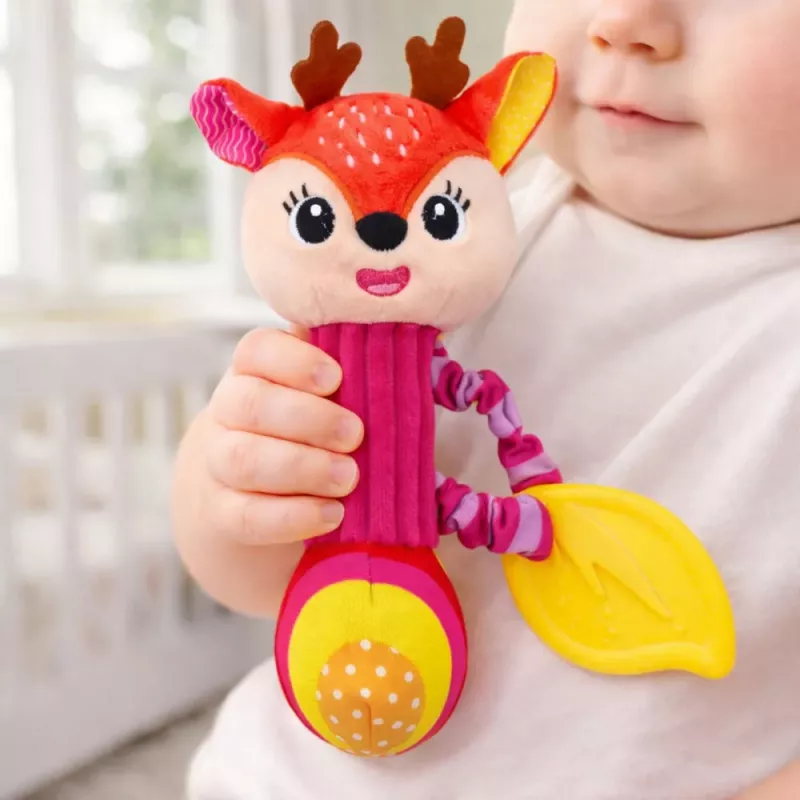 LEAN TOYS Plush Deer Rattle with Teether and Squeaker for Babies