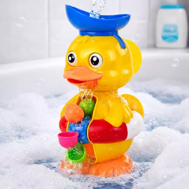 LEAN TOYS Interactive Bath Toy Duck with Grinder, Suction Cups, and Spoon