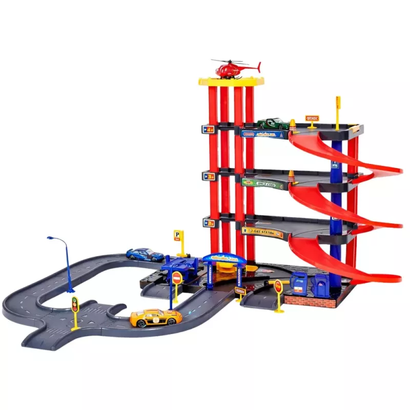 LEAN TOYS Multi-Storey Car Park 4 Levels with Elevator Helicopter Cars 70 Pieces