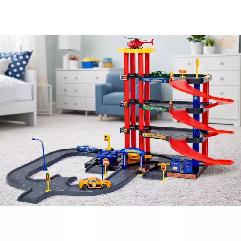 LEAN TOYS Multi-Storey Car Park 4 Levels with Elevator Helicopter Cars 70 Pieces