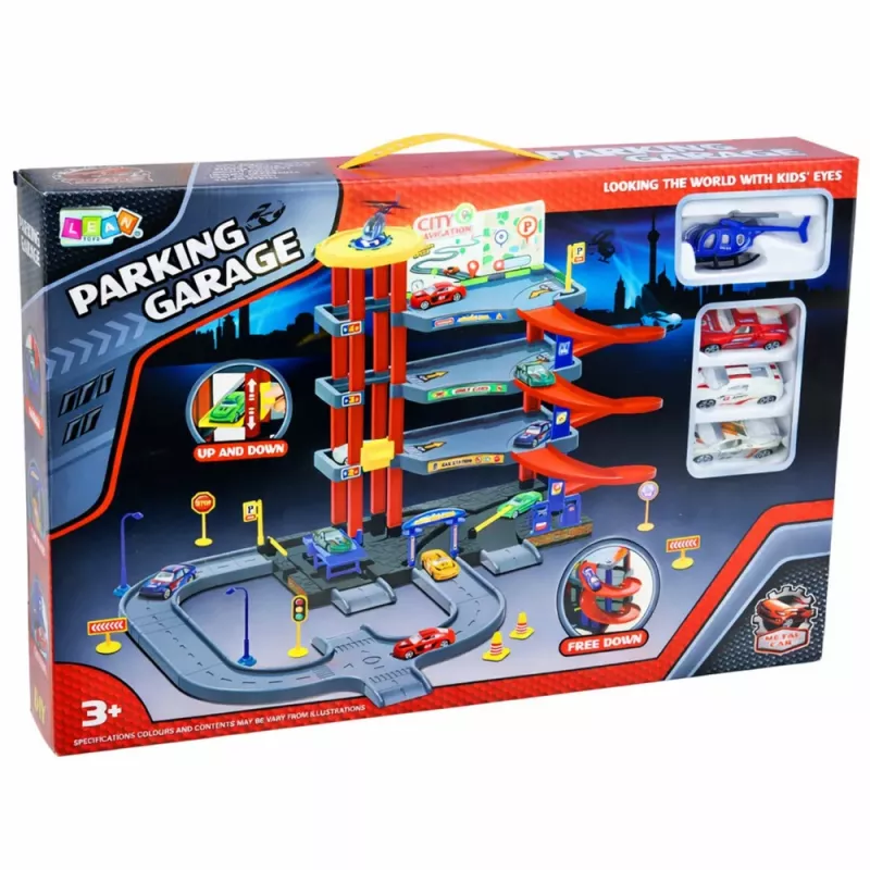 LEAN TOYS Multi-Storey Car Park 4 Levels with Elevator Helicopter Cars 70 Pieces