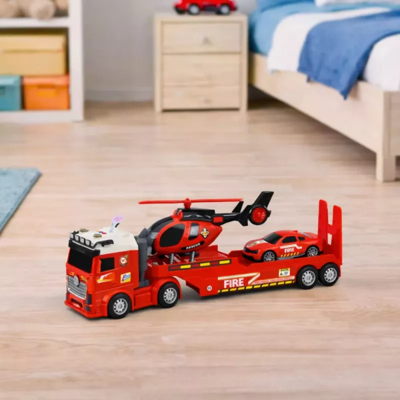 LEAN TOYS Firefighter Rescue Set with Fire Truck, Tow Truck, Helicopter, Car, Lights and Sound