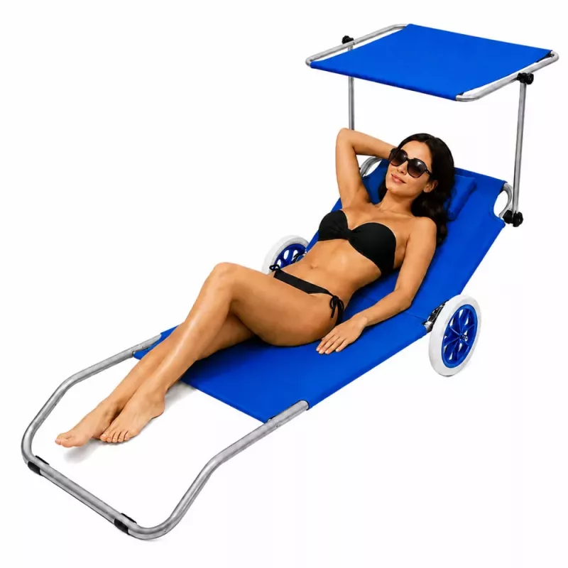 LEAN Folding Garden Beach Deckchair on Wheels with Canopy, Aluminum, Blue