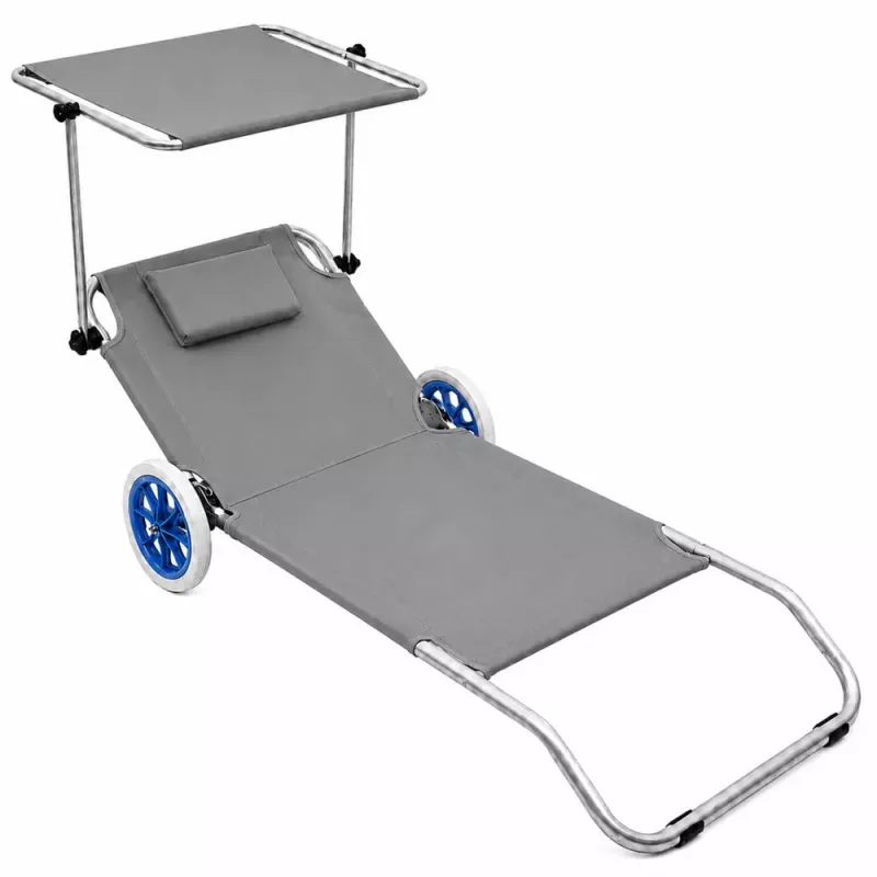 LEAN Garden Beach Deckchair on Wheels with Folding Canopy, Aluminum, Gray