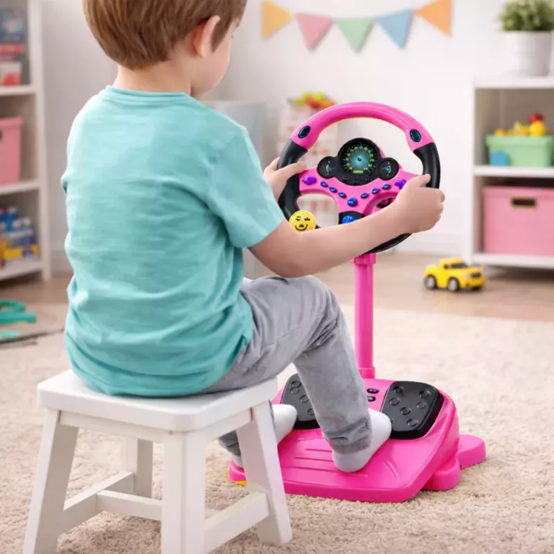 LEAN TOYS Interactive Steering Wheel on Stand with Pedals Lights Sounds Pink
