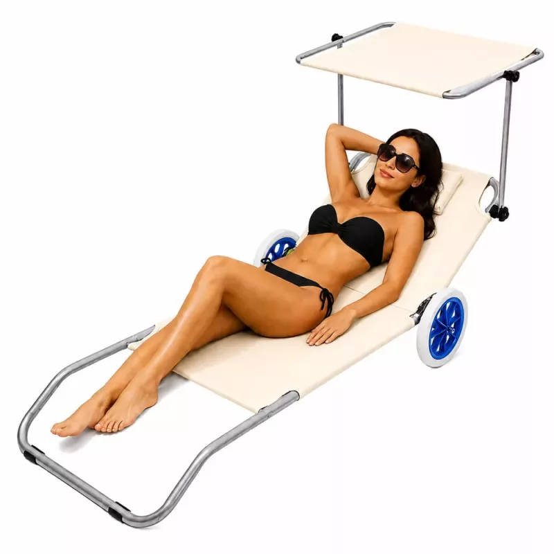 LEAN Beach Deckchair on Wheels, Garden, Folding, Aluminum Canopy, Cream