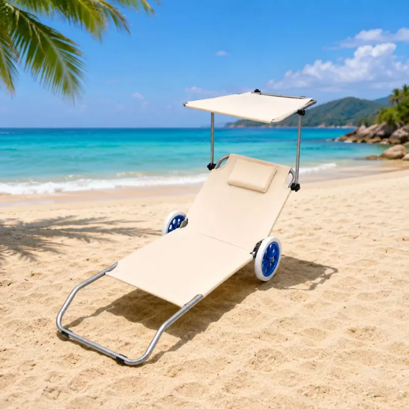 LEAN Beach Deckchair on Wheels, Garden, Folding, Aluminum Canopy, Cream