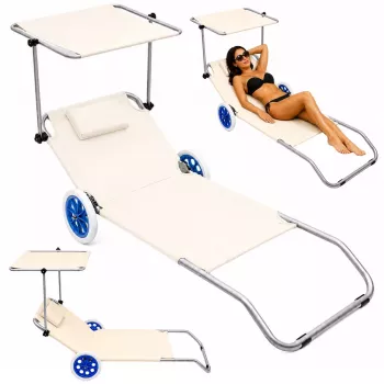 LEAN Beach Deckchair on Wheels, Garden, Folding, Aluminum Canopy, Cream