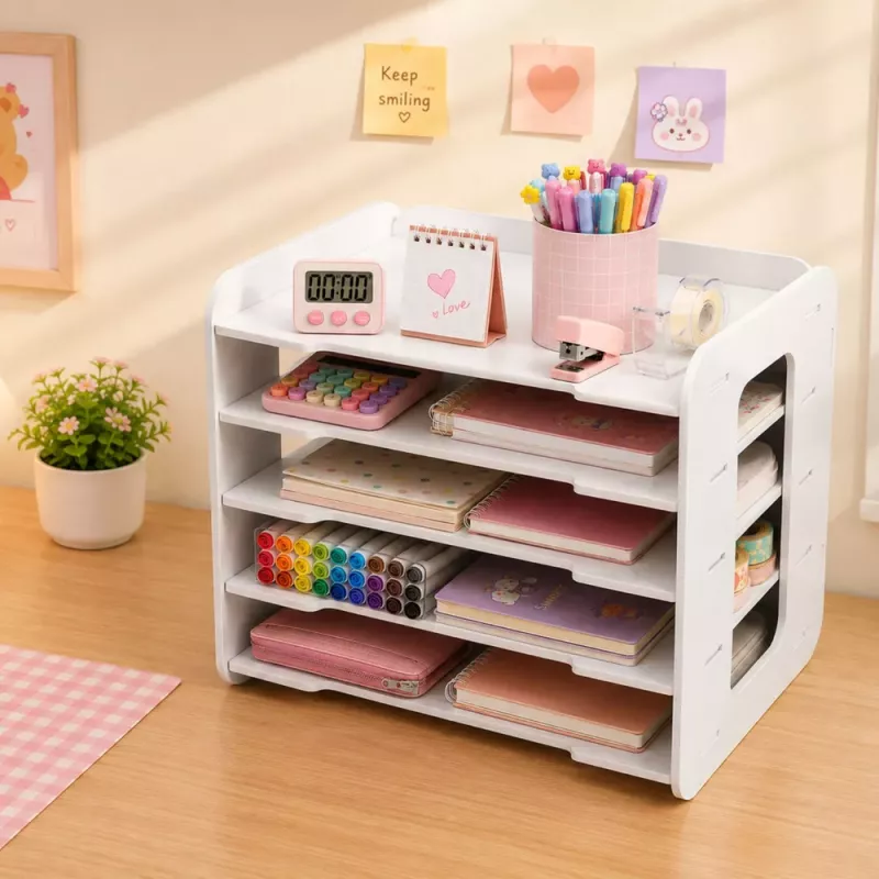 LEAN TOYS Office Organizer for Desk Wooden Shelves for A4 Documents White