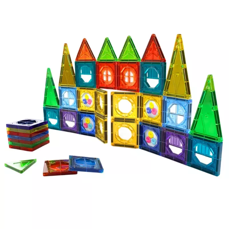 LEAN TOYS Set of Magnetic Construction Blocks 3D Windows Colored Panels 56 pcs.