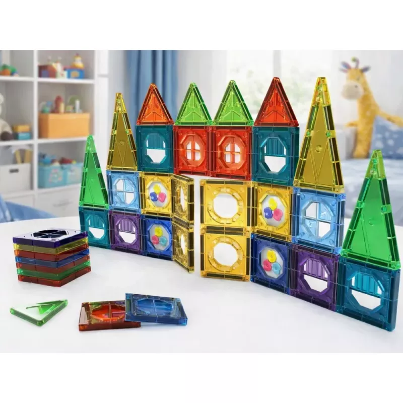 LEAN TOYS Set of Magnetic Construction Blocks 3D Windows Colored Panels 56 pcs.
