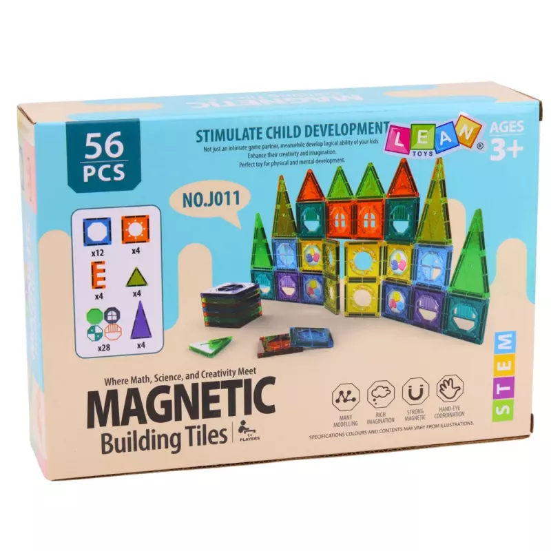 LEAN TOYS Set of Magnetic Construction Blocks 3D Windows Colored Panels 56 pcs.