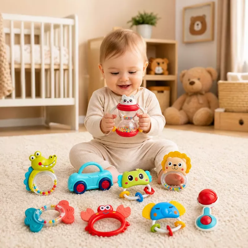 LEAN TOYS Set of Rattles, Teethers, Toys for Toddlers, Colorful, Moving, 9 pcs.