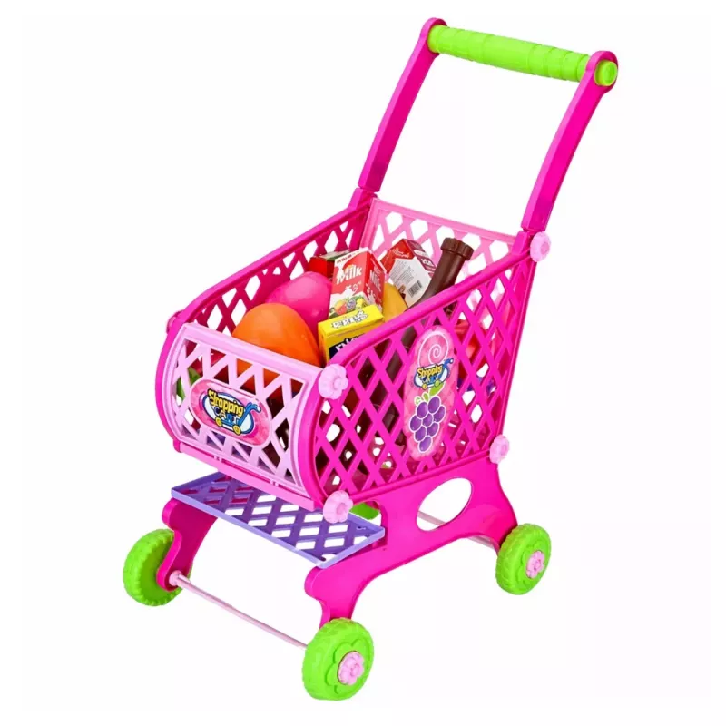 LEAN TOYS Large Shopping Cart For Children Grocery Products Pink 52cm 46 pcs