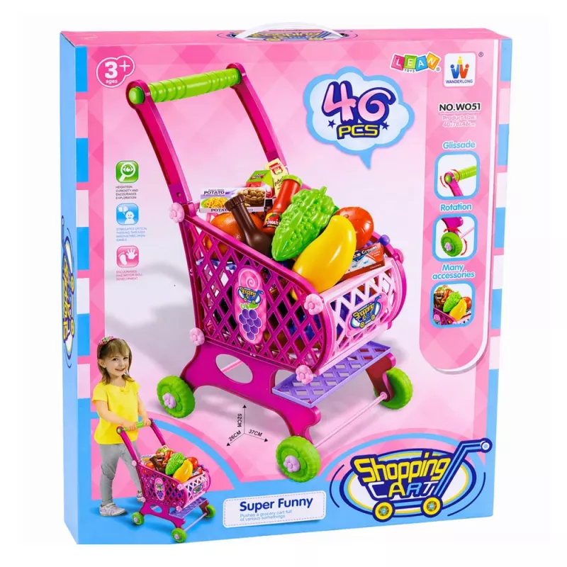 LEAN TOYS Large Shopping Cart For Children Grocery Products Pink 52cm 46 pcs