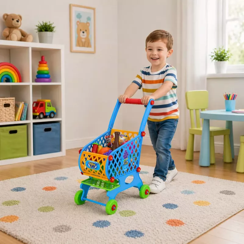 LEAN TOYS Large Shopping Cart For Children Groceries Blue 52cm 46 pcs.