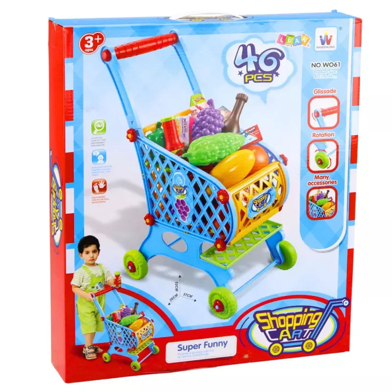 LEAN TOYS Large Shopping Cart For Children Groceries Blue 52cm 46 pcs.