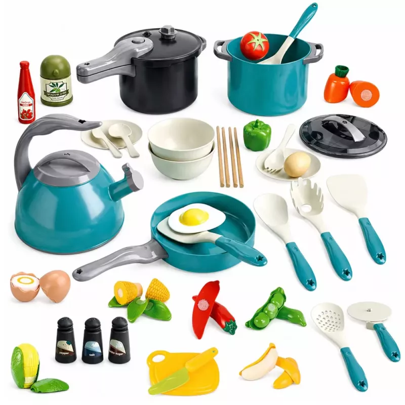 LEAN TOYS Little Chef's Set - Kitchen Pots, Dishes, Kettle, Turquoise, 33 Pieces