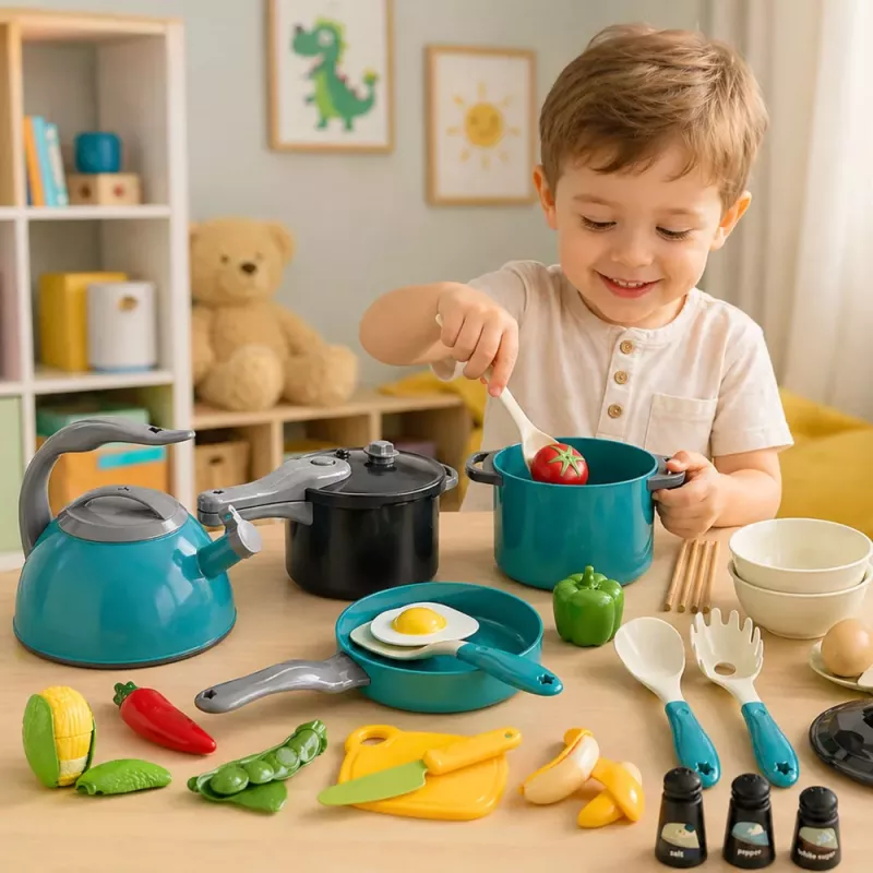 LEAN TOYS Little Chef's Set - Kitchen Pots, Dishes, Kettle, Turquoise, 33 Pieces