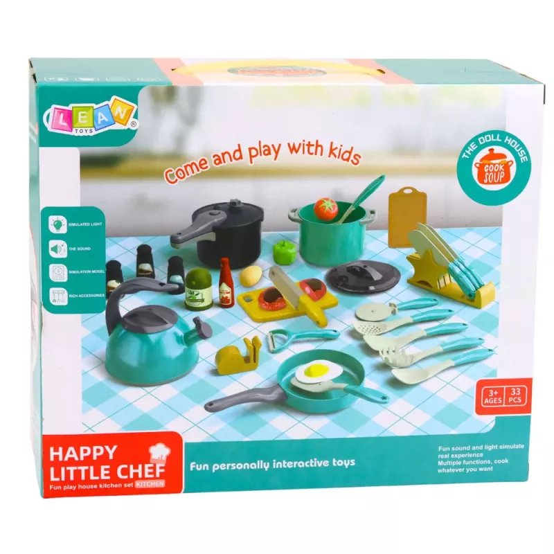 LEAN TOYS Little Chef's Set - Kitchen Pots, Dishes, Kettle, Turquoise, 33 Pieces
