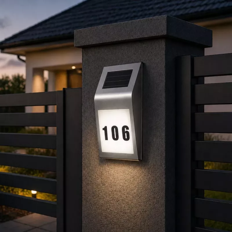 LEAN Solar LED Wall Lamp with House Number Illumination Stainless Steel