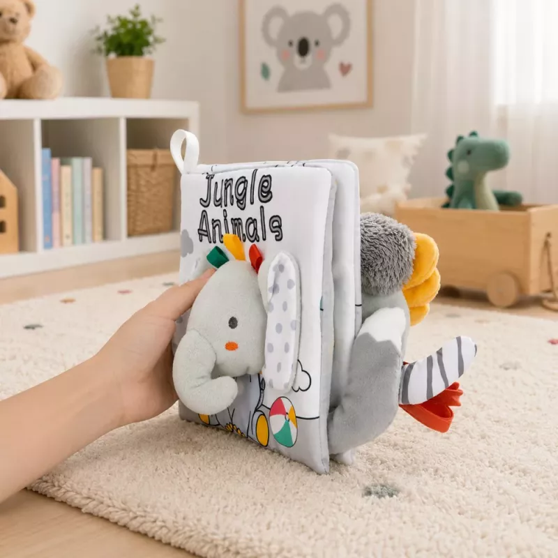 LEAN TOYS Soft Sensory Book with a Rustling and Squeaking Elephant, Gray