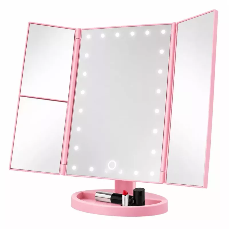 LEAN LED Cosmetic Mirror Folding Magnifying Touch Rotating Pink