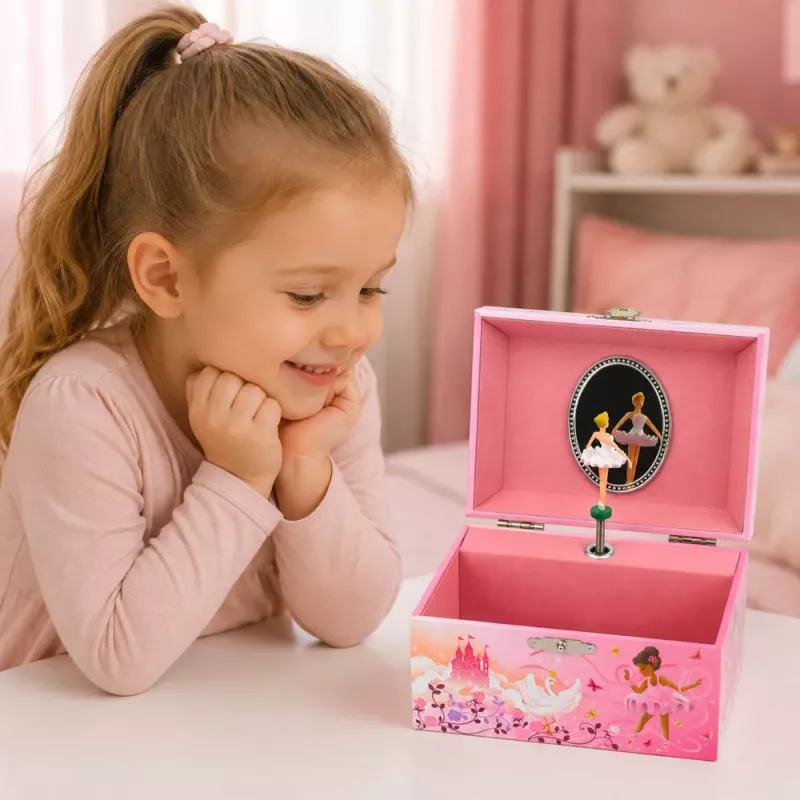 LEAN TOYS Wind-up Music Box Jewelry Box for Children with Mirror Pink