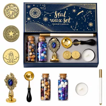 LEAN TOYS Wax Seal Set Wax Stamp for Decorating - 6-Piece Kit with Brass Stamp, Melting Spoon, Wax Sticks, and Tea Light Candle