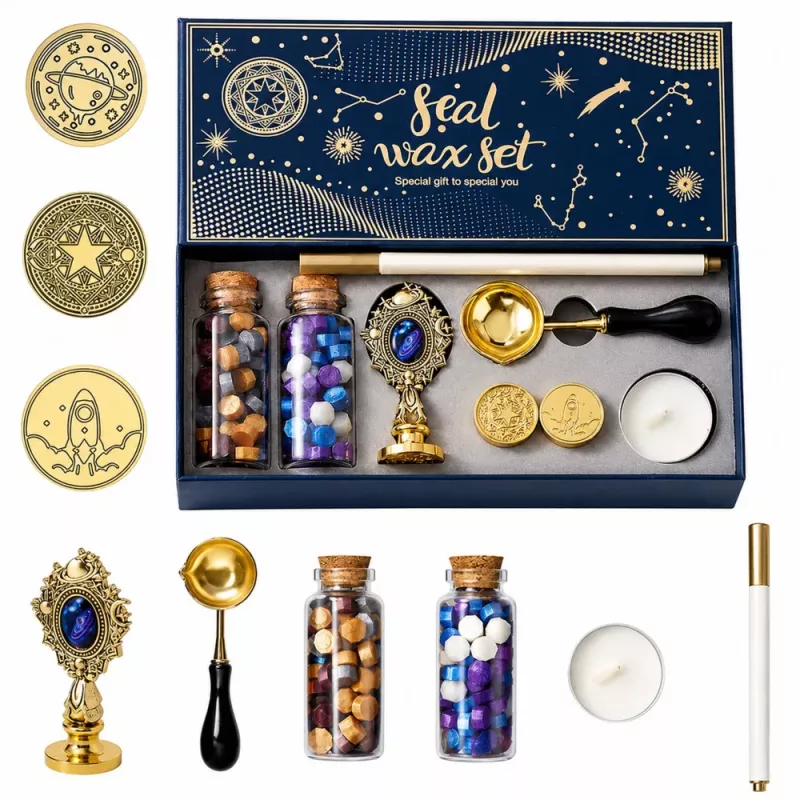 LEAN TOYS Wax Seal Set Wax Stamp for Decorating - 6-Piece Kit with Brass Stamp, Melting Spoon, Wax Sticks, and Tea Light Candle