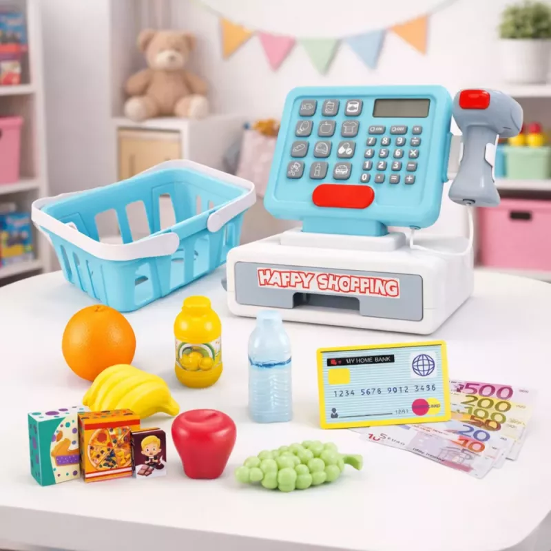 LEAN TOYS Interactive Cash Register Scanner Basket Food Products Lights Sounds