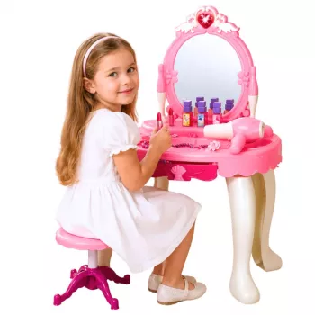 LEAN TOYS Children's Dressing Table with Chair, Lights, Dryer, Accessories, Sounds, Pink