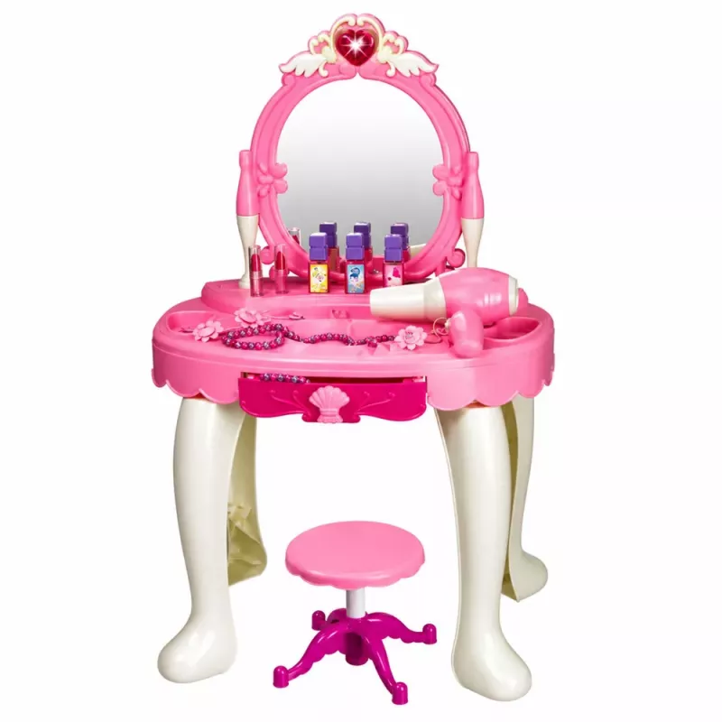 LEAN TOYS Children's Dressing Table with Chair, Lights, Dryer, Accessories, Sounds, Pink