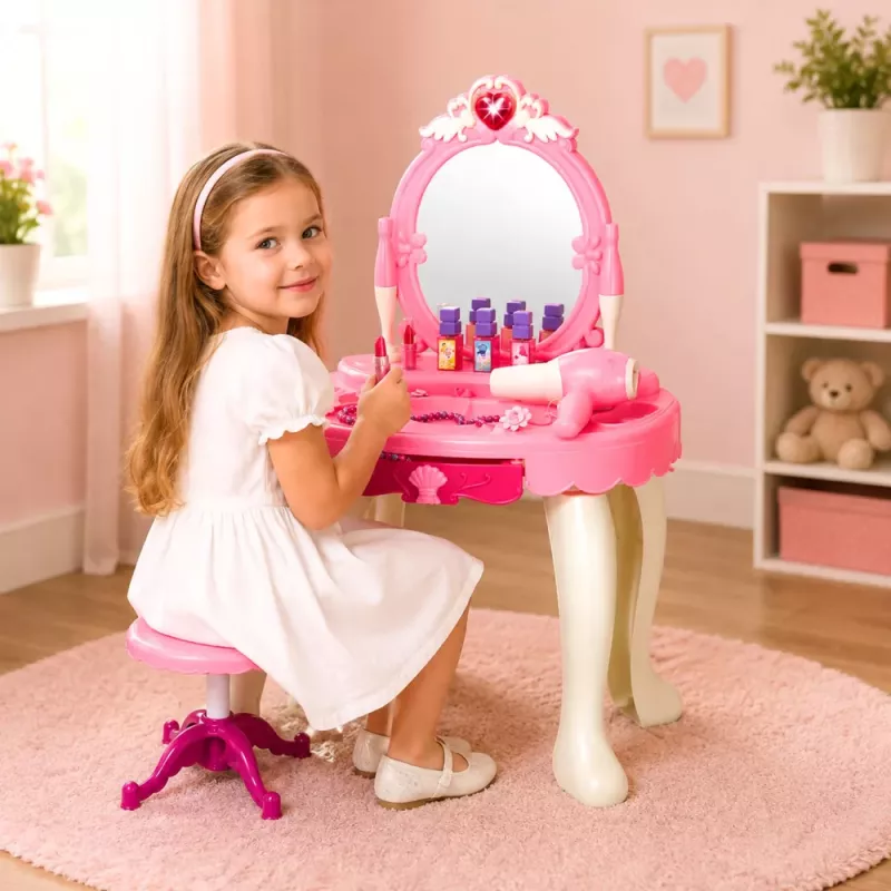 LEAN TOYS Children's Dressing Table with Chair, Lights, Dryer, Accessories, Sounds, Pink
