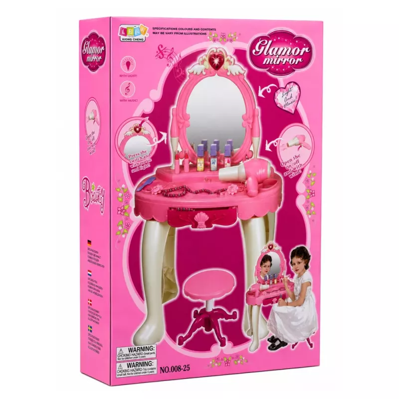 LEAN TOYS Children's Dressing Table with Chair, Lights, Dryer, Accessories, Sounds, Pink