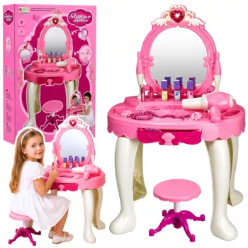 LEAN TOYS Children's Dressing Table with Chair, Lights, Dryer, Accessories, Sounds, Pink