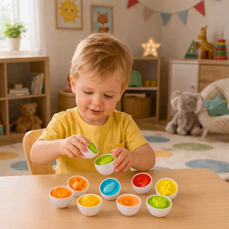 LEAN TOYS Educational Egg Sorter, Shape Matching, Colorful Fruits, 12 pcs.