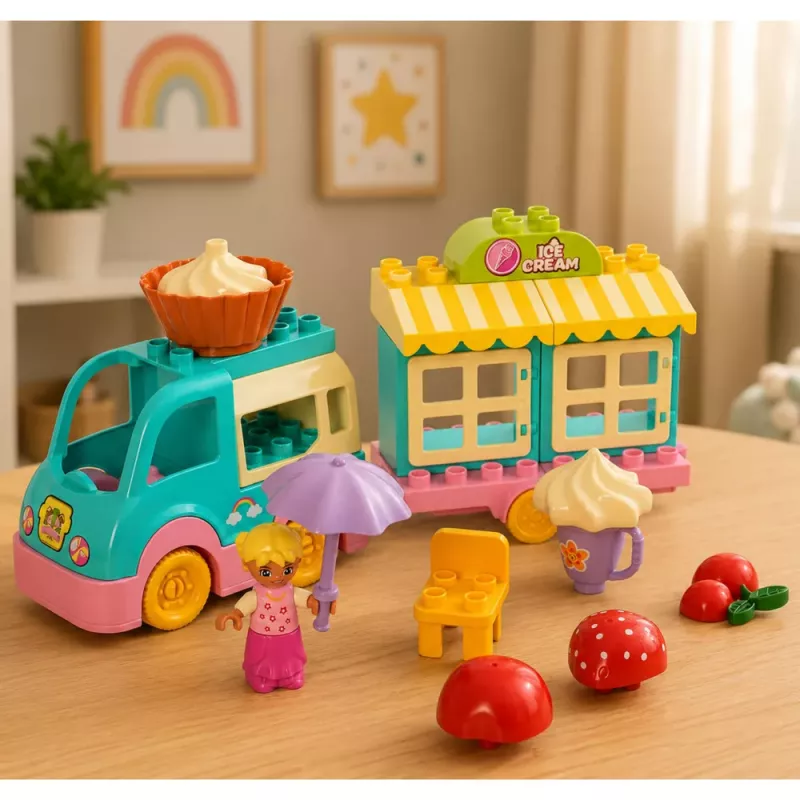 LEAN TOYS Ice Cream Shop Car With Motorized Girl Figure Desserts Blocks Set