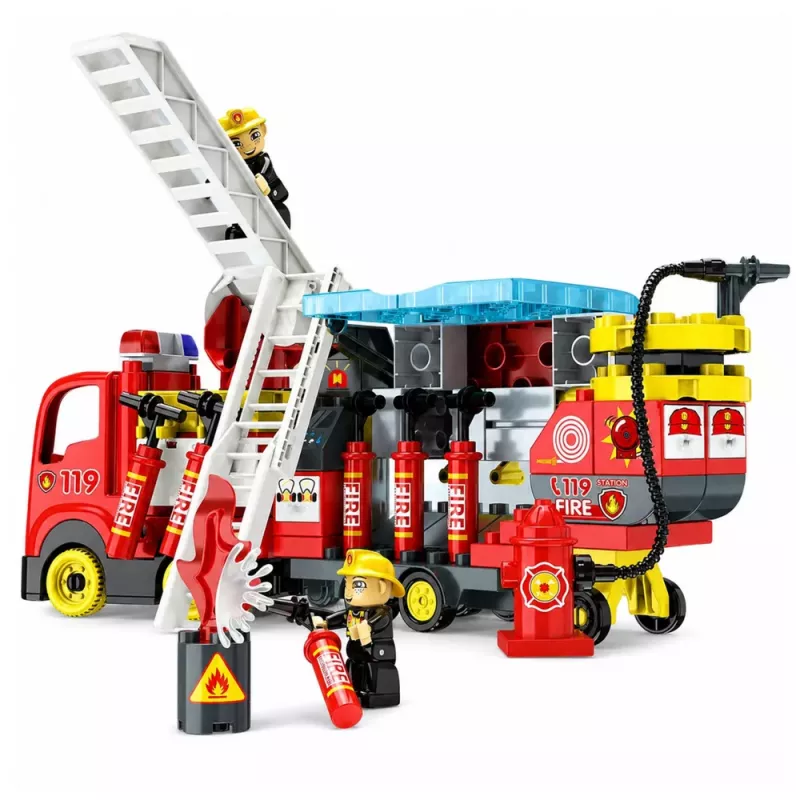 LEAN TOYS Foldable Fire Truck Building Blocks Set with Firefighter Figures, Lights & Sounds, 94 Pieces