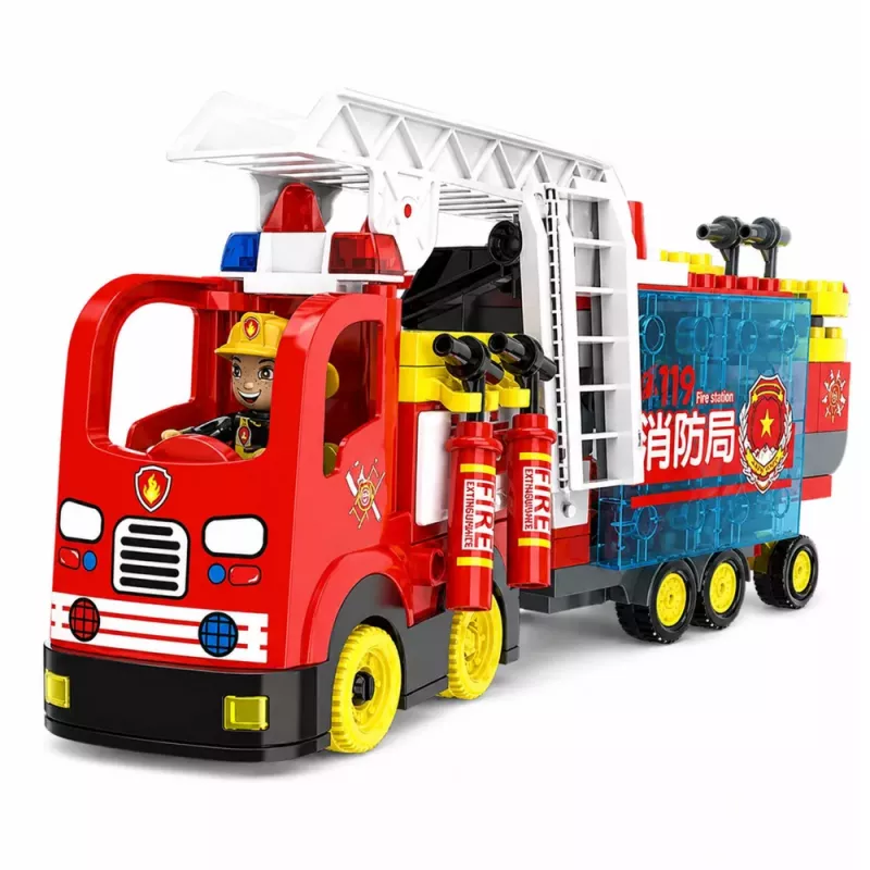 LEAN TOYS Foldable Fire Truck Building Blocks Set with Firefighter Figures, Lights & Sounds, 94 Pieces