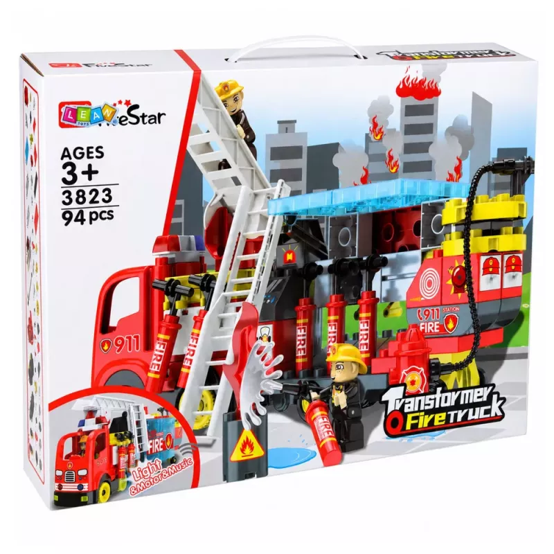 LEAN TOYS Foldable Fire Truck Building Blocks Set with Firefighter Figures, Lights & Sounds, 94 Pieces
