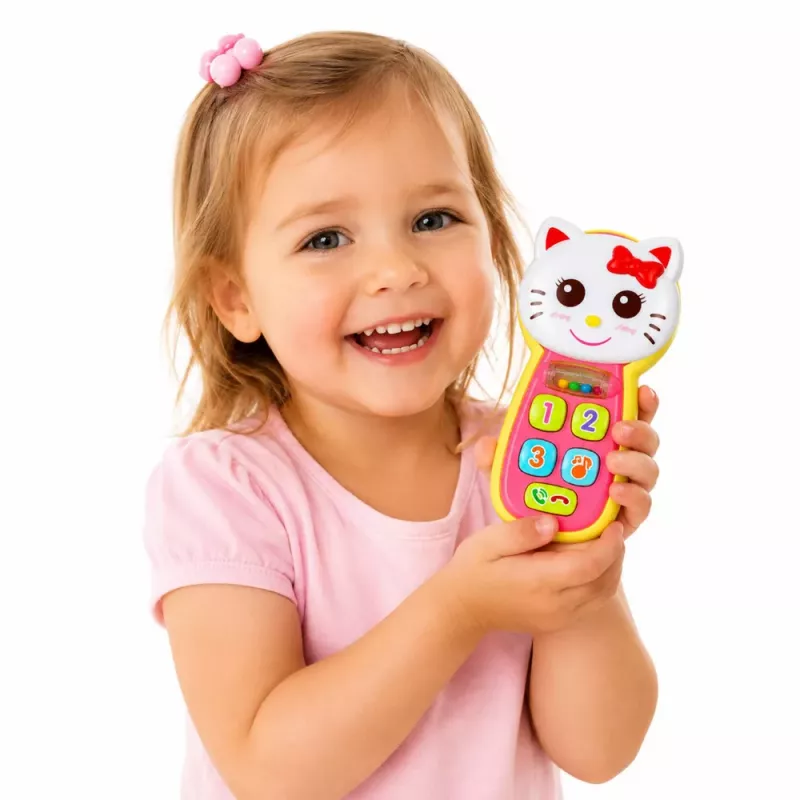 LEAN TOYS Interactive Baby Phone Kitten Mirror Rattle Lights Sound