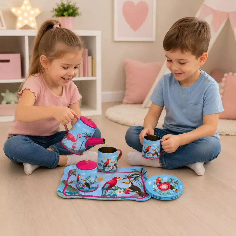 LEAN TOYS Tea Set with Parrots, Metal, Exotic Pattern, 12 pcs.