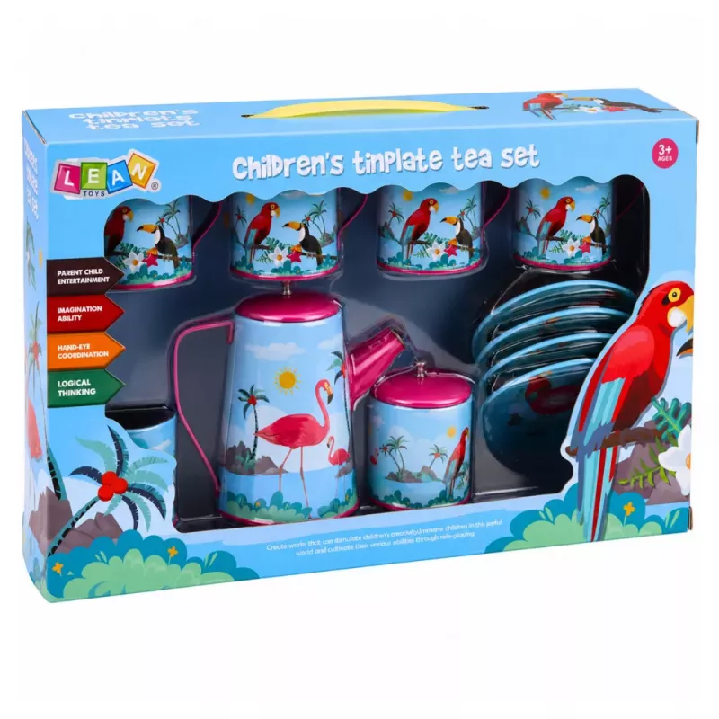 LEAN TOYS Tea Set with Parrots, Metal, Exotic Pattern, 12 pcs.