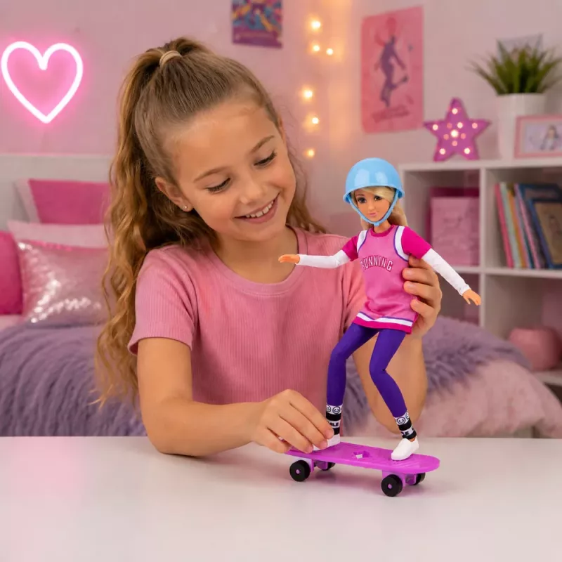 LEAN TOYS Anlily Doll with Purple Skateboard, Helmet, and Long Sweatshirt Set