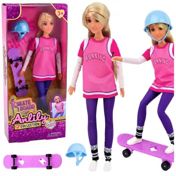 LEAN TOYS Anlily Doll with Purple Skateboard, Helmet, and Long Sweatshirt Set